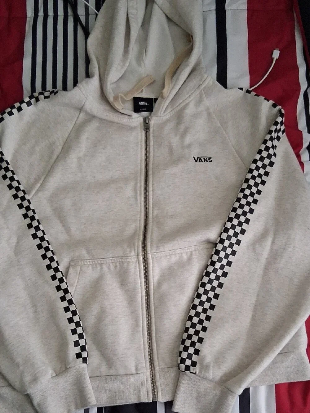 Vans Light Gray Hoodie with Black-and-White Checker Stripe